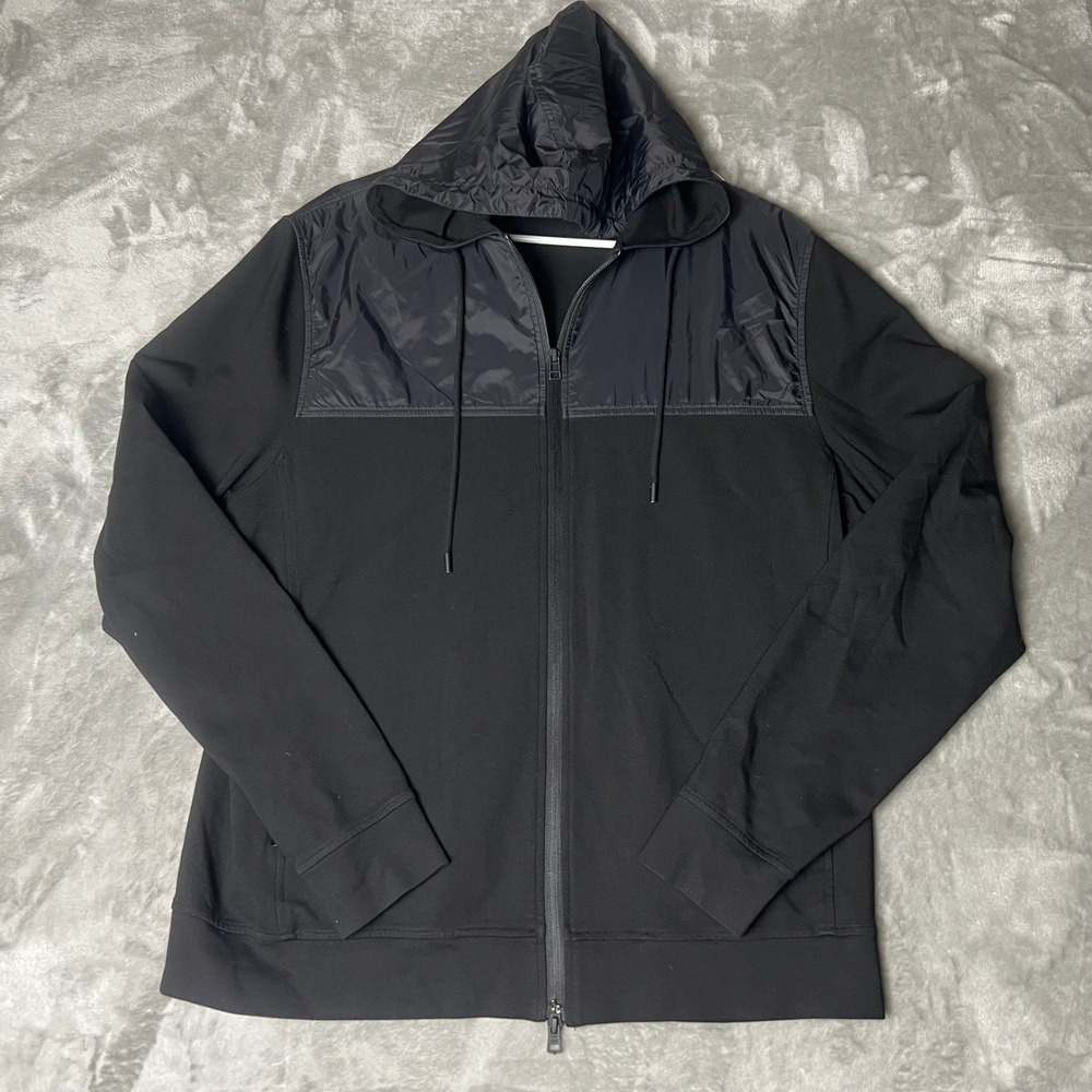 PATRICK ASSARAF Full Zip Hooded‎ Jacket Black Mix Media Quilted Panel Mens XL